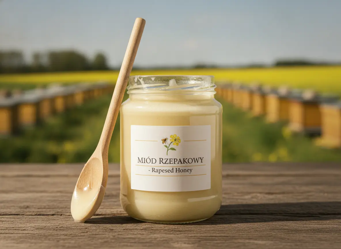 Szklany słoik surowego, kremowego miodu rzepakowego zebranego wiosną przez Atelier Pszczelarskie REIL w Starym Żaganiu.