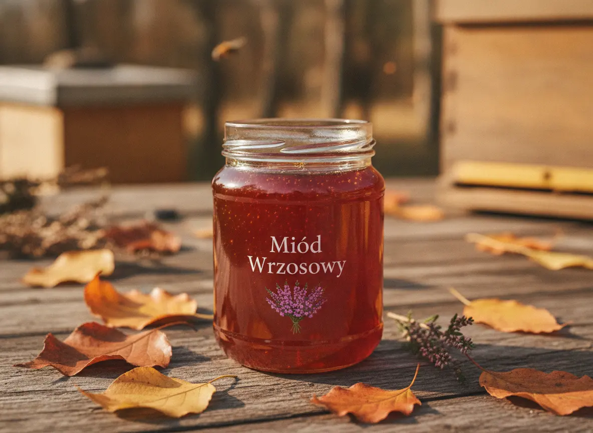 Szklany słoik surowego, nierozgrzewanego miodu wrzosowego zebranego późnym latem przez Atelier Pszczelarskie REIL w Starym Żaganiu.